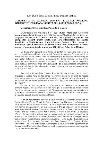 La Orquesta de València, Liebreich y Carlos Apellániz interpretarán la olvidada «Sonata del Sur» La Orquesta de València, Liebreich y Carlos Apellániz interpretarán la olvidada «Sonata del Sur»