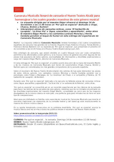 Camerata Musicalis llenará de zarzuela el Nuevo Teatro Alcalá para homenajear a los cuatro grandes maestros