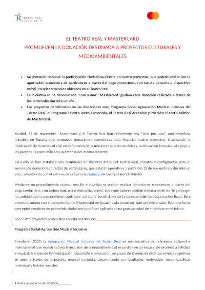 El Teatro Real y Matercard promueven donación destinada a proyectos culturales y medioambientales