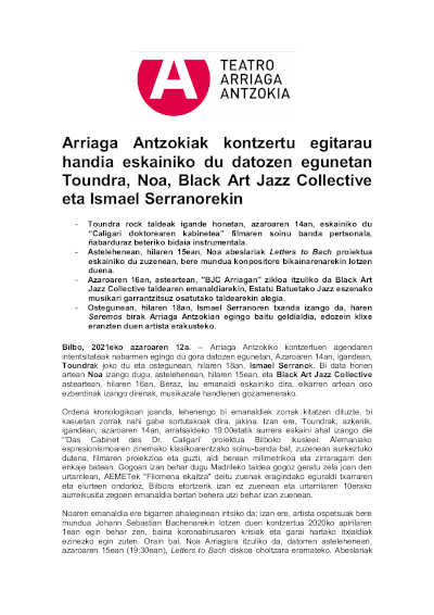 El Teatro Arriaga ofrece una potente programación con Toundra, Noa, Black Art Jazz Collective e Ismael Serrano