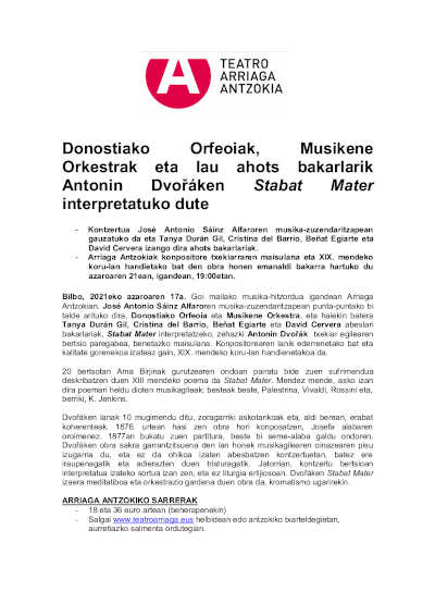 El Orfeón Donostiarra y la Orquesta Sinfónica de Musikene interpretan el Stabat Mater de Antonin Dvořák