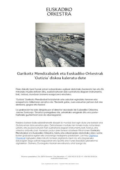 Garikoitz Mendizabal y Euskadiko Orkestra lanzan el disco ‘Gutizia’