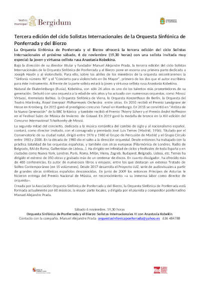 Tercera edición del ciclo Solistas Internacionales de la Orquesta Sinfónica de Ponferrada y del Bierzo Tercera edición del ciclo Solistas Internacionales de la Orquesta Sinfónica de Ponferrada y del Bierzo