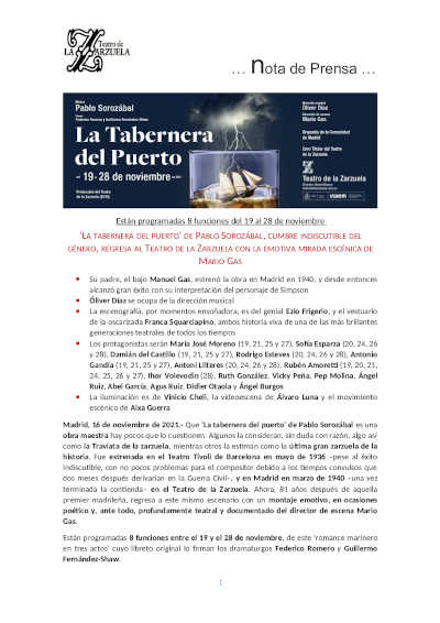 «La tabernera del puerto» de Pablo Sorozábal, cumbre indiscutible del género, regresa al Teatro de la Zarzuela «La tabernera del puerto» de Pablo Sorozábal, cumbre indiscutible del género, regresa al Teatro de la Zarzuela
