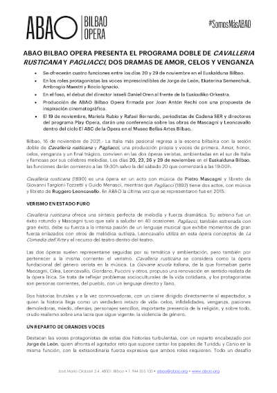 ABAO Bilbao Opera presenta el programa doble de Cavallería rusticana y Pagliacci