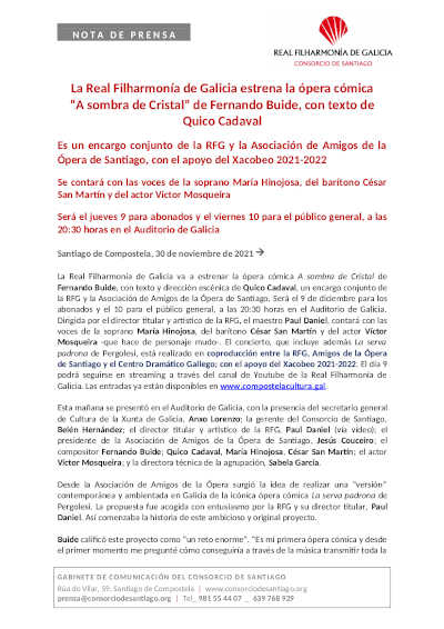 La Real Filharmonía de Galicia presenta la ópera cómica gallega “A sombra de Cristal” de Fernando Buide