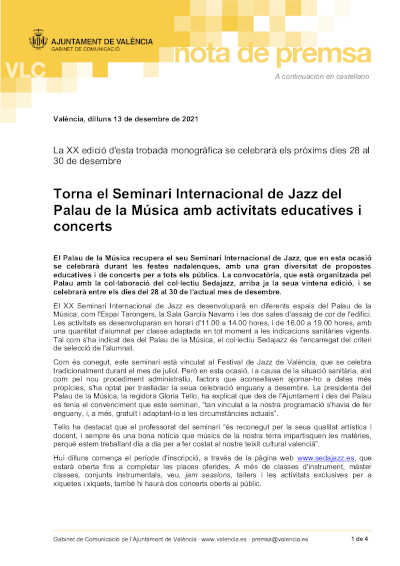 Regresa el Seminario Internacional de Jazz del Palau de la Música con actividades educativas y conciertos