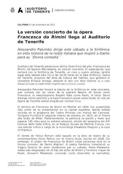 La versión concierto de la ópera  Francesca da Rimini llega al Auditorio de Tenerife