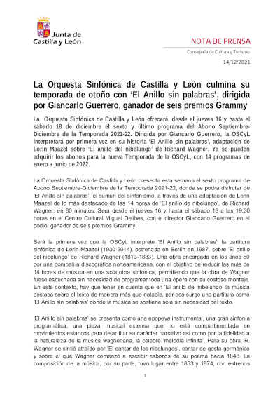La Orquesta Sinfónica de Castilla y León culmina su temporada de otoño con ‘El Anillo sin palabras’
