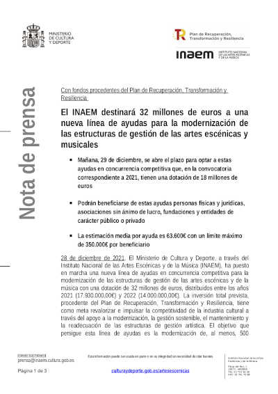 INAEM destinará 32M en ayudas para modernización de estucturas de gestión de AA.EE. y musicales