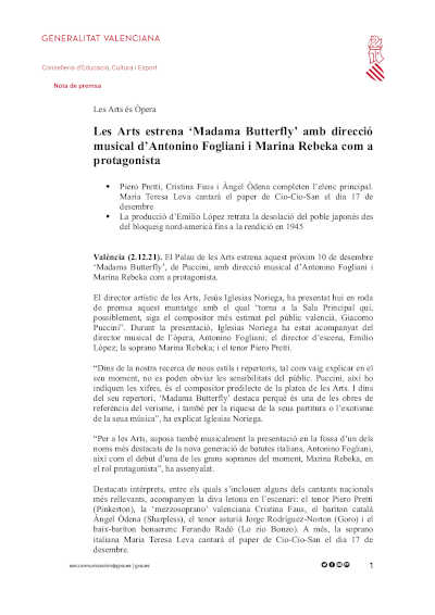 Les Arts estrena ‘Madama Butterfly’ con dirección musical de Antonino Fogliani y Marina Rebeka como protagonista Les Arts estrena ‘Madama Butterfly’ con dirección musical de Antonino Fogliani y Marina Rebeka como protagonista