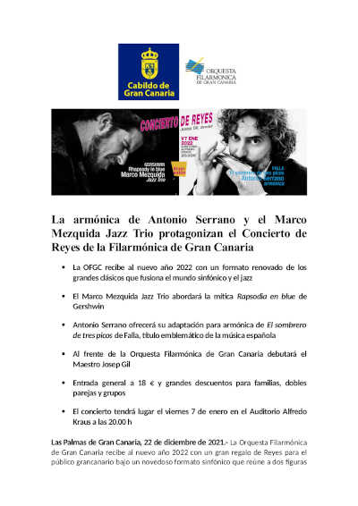 Antonio Serrano y el Marco Mezquida Jazz Trio el Concierto de Reyes de la Filarmónica de Gran Canaria