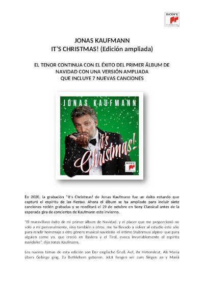 Sony presenta una versión ampliada de «It’s Christmas!» de Jonas Kaufmann con 7 nuevas canciones