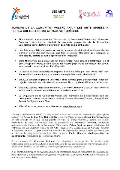 Turisme y Les Arts, de la Comunitat Valenciana, apuestan por la cultura como atratctivo turístico