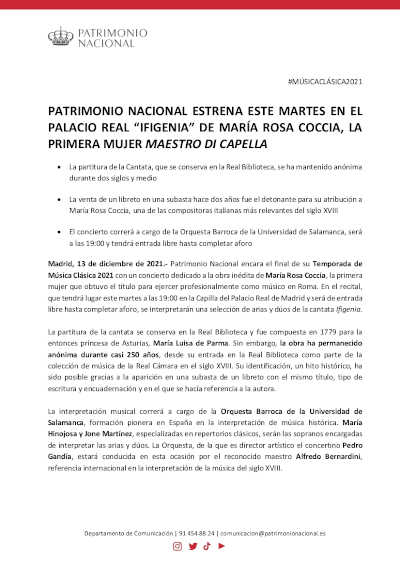 Patrimonio Nacional estrena la cantata «Ifigenia» de María Rosa Coccia en el Palacio Real