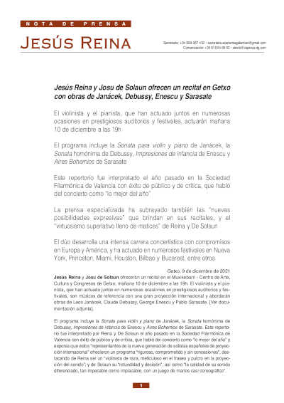 Jesús Reina y Josu de Solaun ofrecen un recital en Getxo con obras de Janácek, Debussy, Enescu y Sarasate