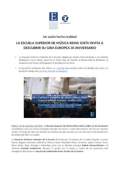 La Escuela Superior de Música Reina Sofía invita a descubrir su Gira Europea 30 Aniversario