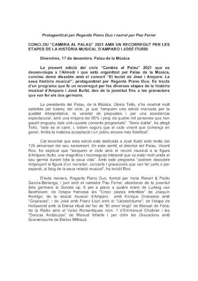 Concluye «Cambra al Palau» 2021 con recorrido por etapas de la historia musical de Amparo y José Iturbi
