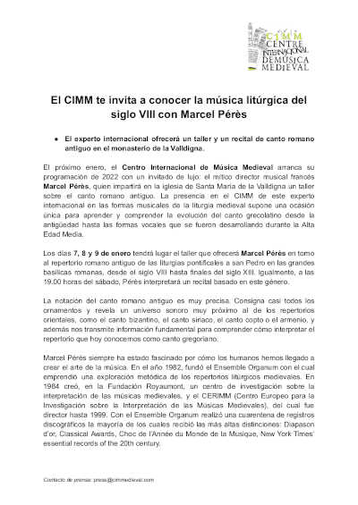 El CIMM te invita a conocer la música litúrgica del siglo VIII con Marcel Pérès