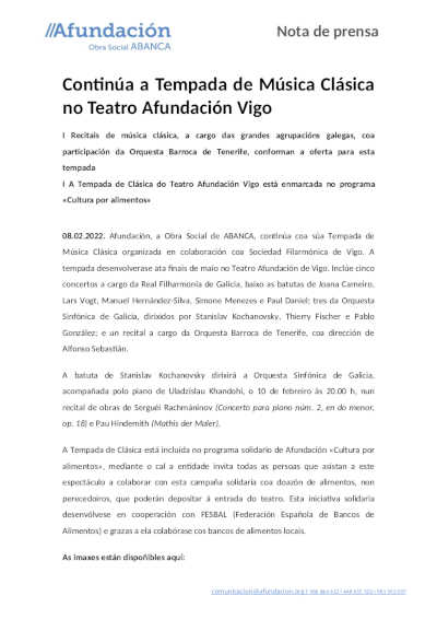 Continúa la Temporada de Música Clásica en el Teatro Afundación Vigo