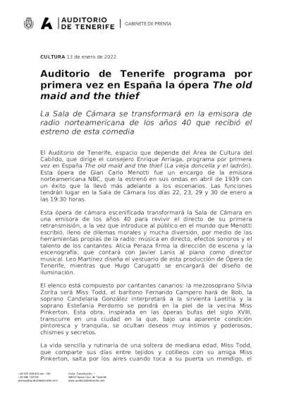 Auditorio de Tenerife programa por primera vez en España la ópera The old maid and the thief