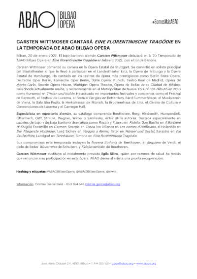 Carsten Wittmoser cantará «Eine florentinische tragödie» en la Temporada ABAO Bilbao Opera