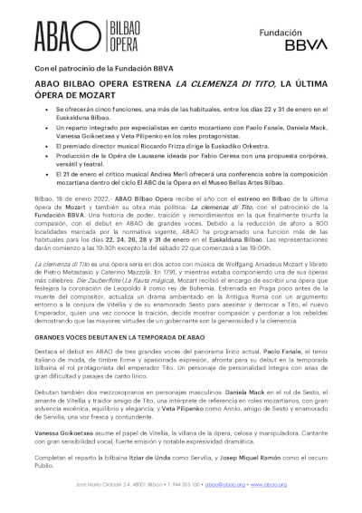 ABAO Bilbao Opera estrena «La clemenza di Tito», la última ópera de Mozart