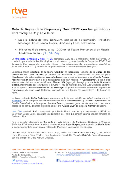 Gala de Reyes de la Orquesta y Coro RTVE con las ganadoras de ‘Prodigios 3’ y Levi Díaz