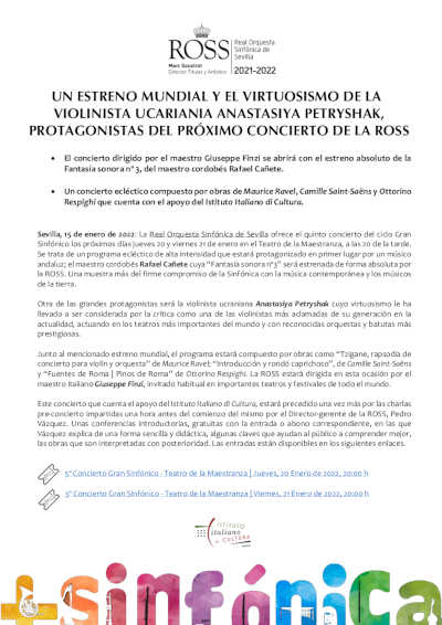 Estreno mundial y el virtuosismo de la violinista Anastasiya Petryshak en concierto con la ROSS