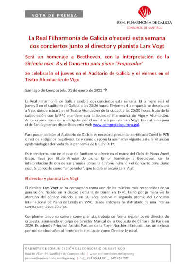 La Real Filharmonía de Galicia ofrecerá esta semana dos conciertos junto al director y pianista Lars Vogt