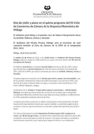 Dúo de violín y piano en el XV Ciclo de Conciertos de Cámara de la Orquesta Filarmónica de Málaga