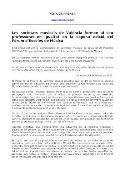 Las sociedades musicales de Valencia forman a su profesorado en igualdad en la segunda edición del Fòrum d’Escoles de Música