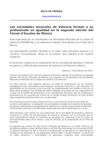 Las sociedades musicales de Valencia forman a su profesorado en igualdad en la segunda edición del Fòrum d’Escoles de Música