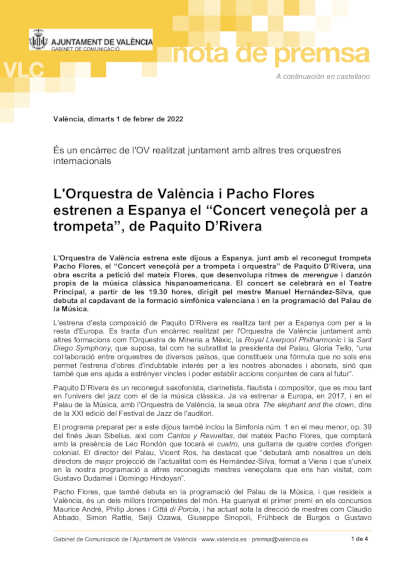 Pacho Flores, Leo Rondón y la Orquesta de València estrenan el Concerto Venezolano de Paquito de Rivera Pacho Flores, Leo Rondón y la Orquesta de València estrenan el Concerto Venezolano de Paquito de Rivera