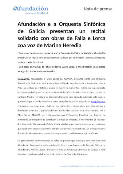 Afundación y la Orquesta Sinfónica de Galicia presentan un recital solidario con obras de Falla y Lorca