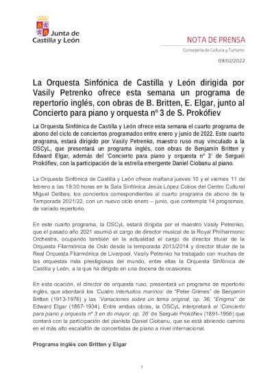 La Orquesta Sinfónica de Castilla y León dirigida por Vasily Petrenko ofrece un programa de repertorio inglés