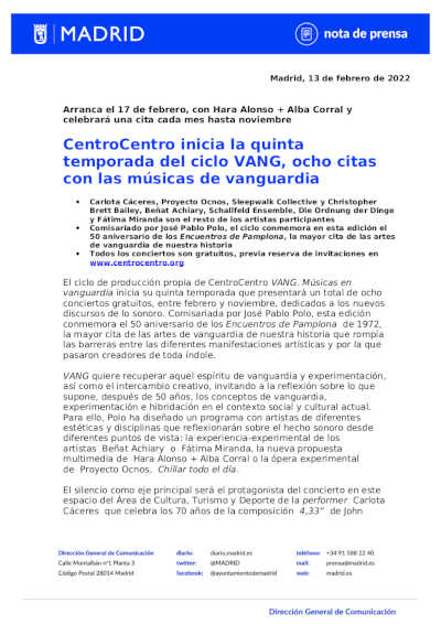 CentroCentro inicia la quinta temporada del ciclo VANG de la vanguardia sonora