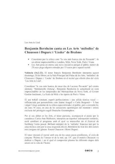 Benjamin Bernheim canta en Les Arts ‘mélodies’ de Chausson y Duparc y ‘Lieder’ de Brahms Benjamin Bernheim canta en Les Arts ‘mélodies’ de Chausson y Duparc y ‘Lieder’ de Brahms