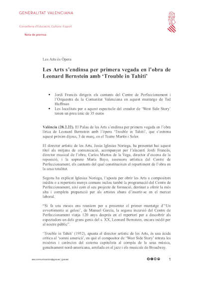 Les Arts se adentra por primera vez en la obra de Leonard Bernstein con ‘Trouble in Tahiti’