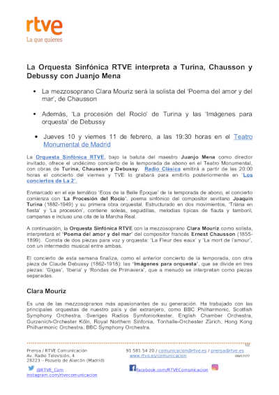 Juanjo Mena dirige la Orquesta Sinfónica RTVE con obras de Turina, Chausson y Debussy Juanjo Mena dirige la Orquesta Sinfónica RTVE con obras de Turina, Chausson y Debussy