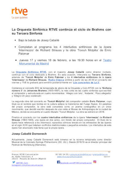 La Orquesta Sinfónica RTVE continúa el ciclo de Brahms con su Tercera Sinfonía