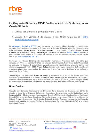 Nuno Coelho dirige la Orquesta Sinfónica RTVE con la cuarta de Brahms y Taras Bulba, de Janacek