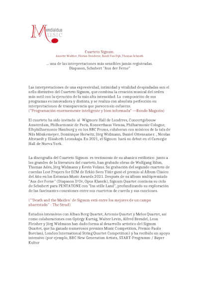 El prestigioso Signum Quartett de Alemania interpreta obras de cámara de Schubert y Janáček en Teatros del Canal