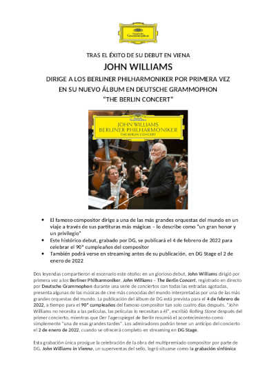 John Williams dirige a los Berliner Philaharmoniker en su nuevo álbum «The berlin concert» John Williams dirige a los Berliner Philaharmoniker en su nuevo álbum «The berlin concert»