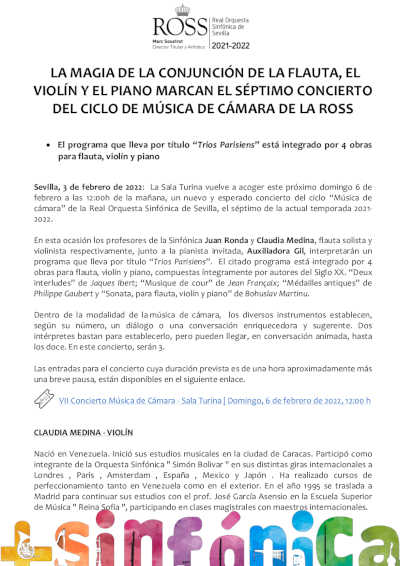 La magia de la conjunción de flauta, violín y piano marcan el concierto de música de cámara de la ROSS