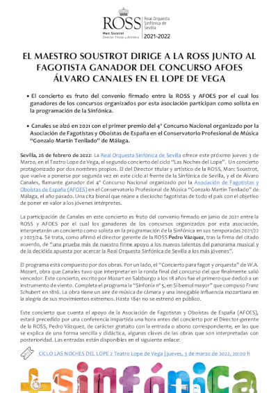 El maestro Sosutrot dirige a la ROSS junto al fagotista Álvaro Canales, ganador del concurso AFOES 2021 El maestro Sosutrot dirige a la ROSS junto al fagotista Álvaro Canales, ganador del concurso AFOES 2021