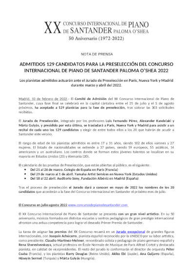 Admitidos 129 candidatos para la preselección del Concurso Internacional de Piano de Santander 2022