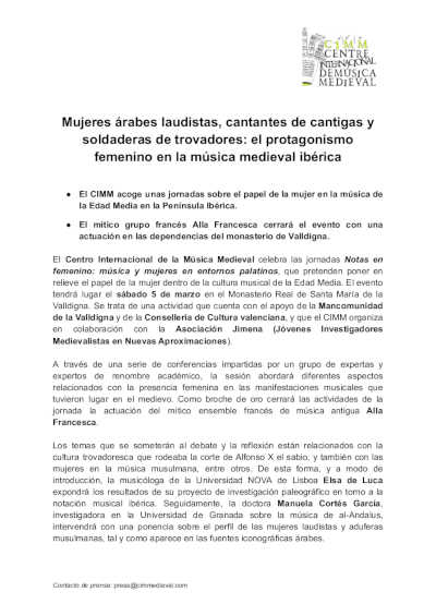 Mujeres árabes laudistas, cantantes de cantigas y soldaderas de trovadores: en la música medieval ibérica