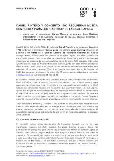 Daniel Pinteño y Concerto 1700 recuperan música compuesta para los «castrati» de la Real Capilla