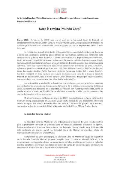 La Sociedad Coral de Madrid presenta «Mundo Coral», su nuevo proyecto editorial
